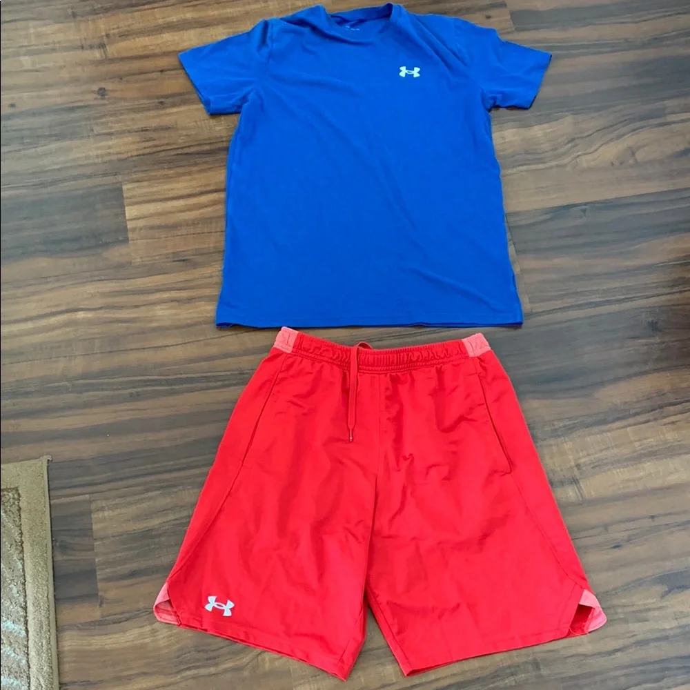 Under Armour Blue Tee & Red Athletic Shorts Set